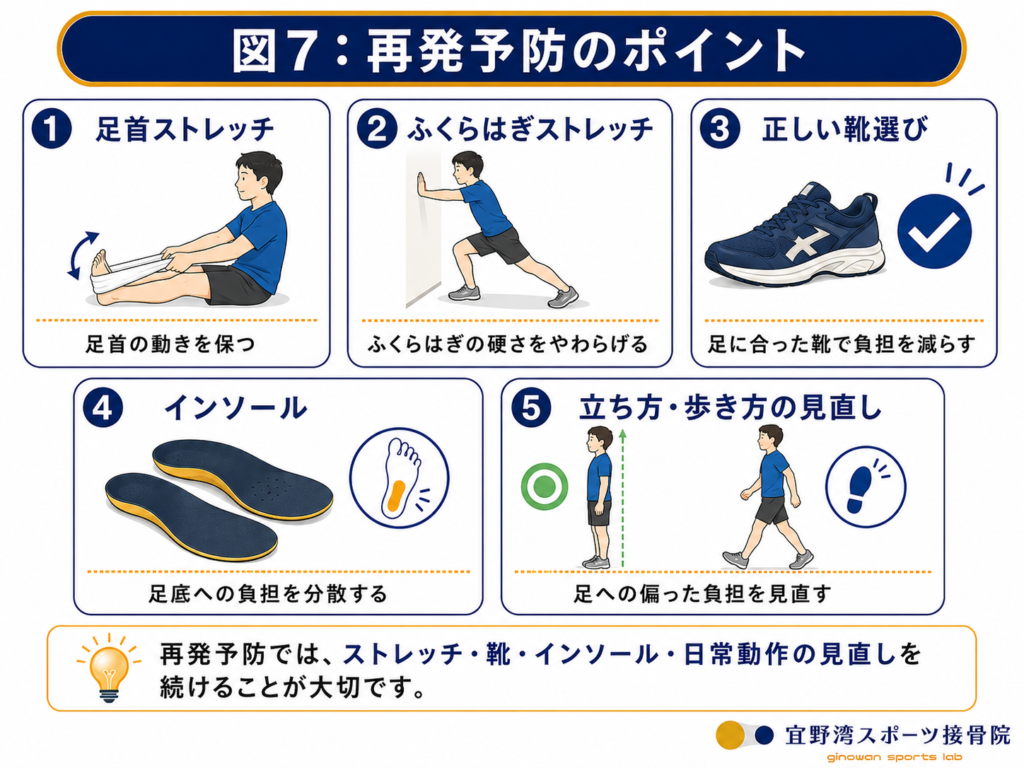 図7：再発予防のポイント図。足首ストレッチ、ふくらはぎストレッチ、正しい靴選び、インソール、立ち方・歩き方の見直しをアイコン付きで整理した図）