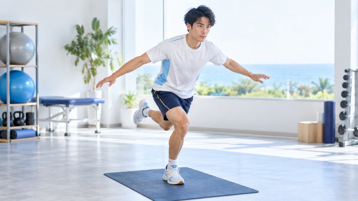 リハビリで膝が内側に入らないよう片脚で着地する練習
