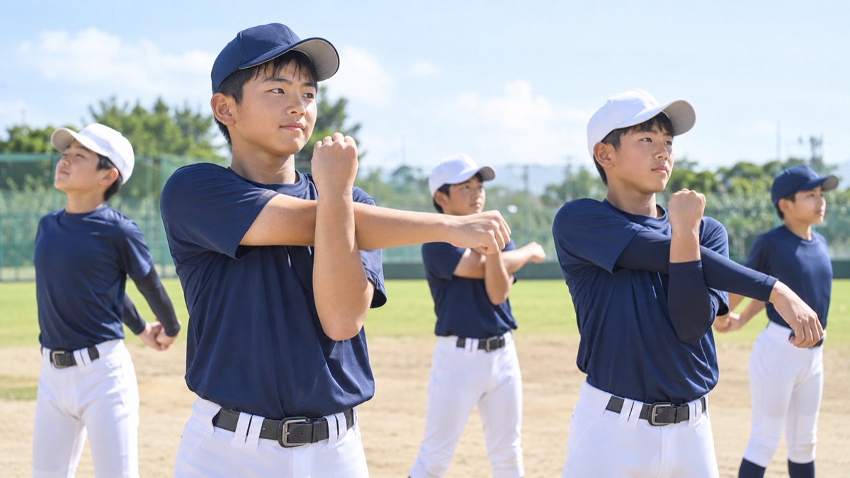 練習前に肩のストレッチをする少年野球チーム