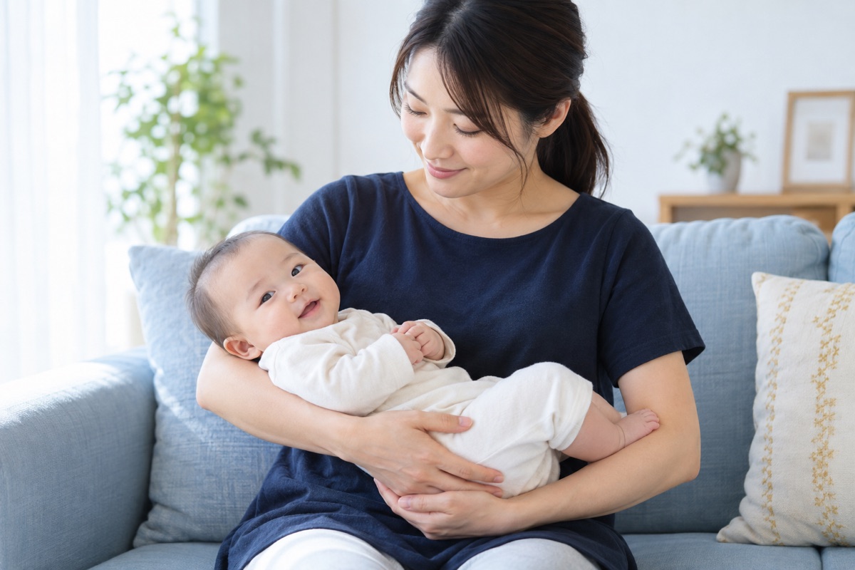 手首に負担の少ない抱き方で赤ちゃんを抱く女性