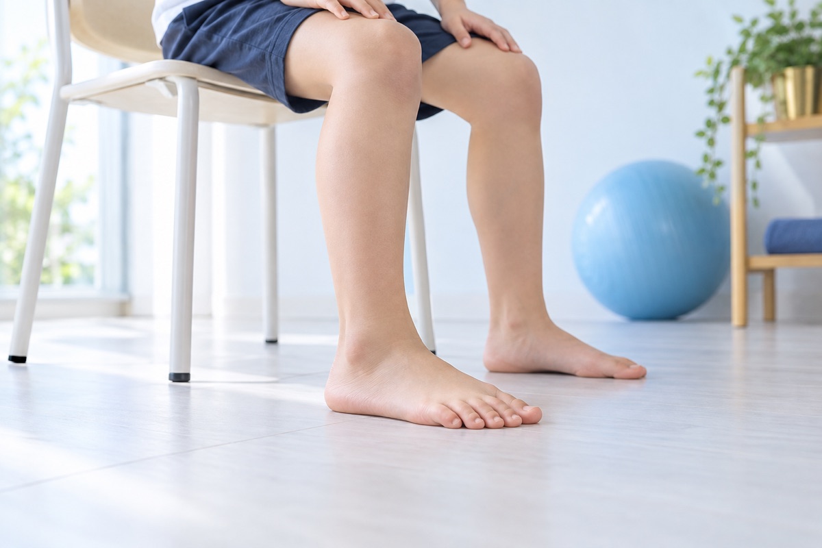 椅子に座って両足を床につけた子どもの足元（足の運動の姿勢）