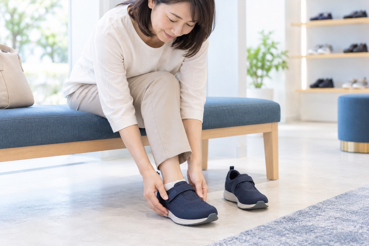 足に合う靴を試し履きして確かめる女性