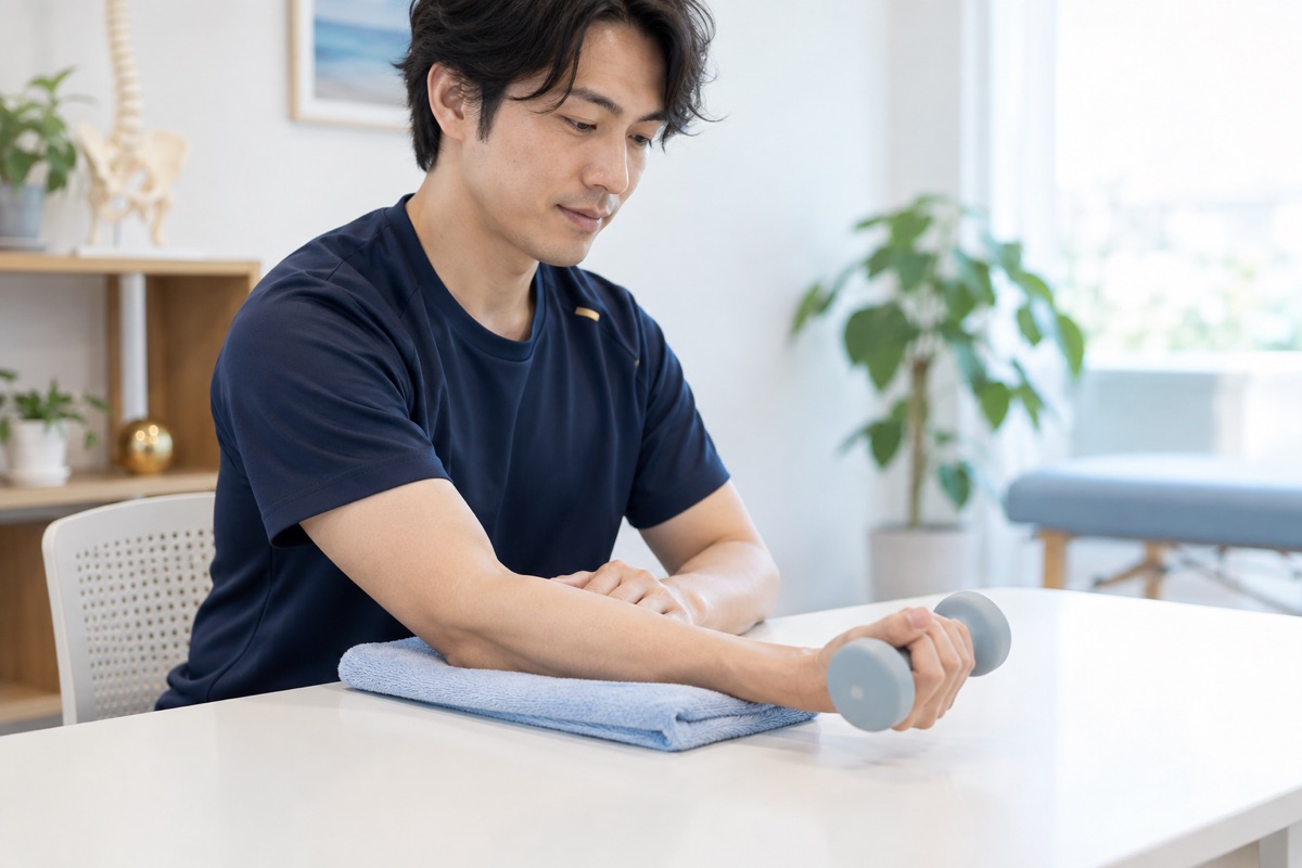 軽いダンベルを持って手首をゆっくり動かす運動