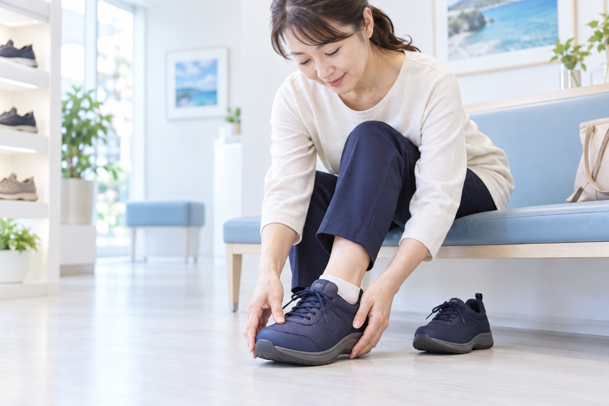 つま先に余裕のある幅広の靴を試し履きする女性