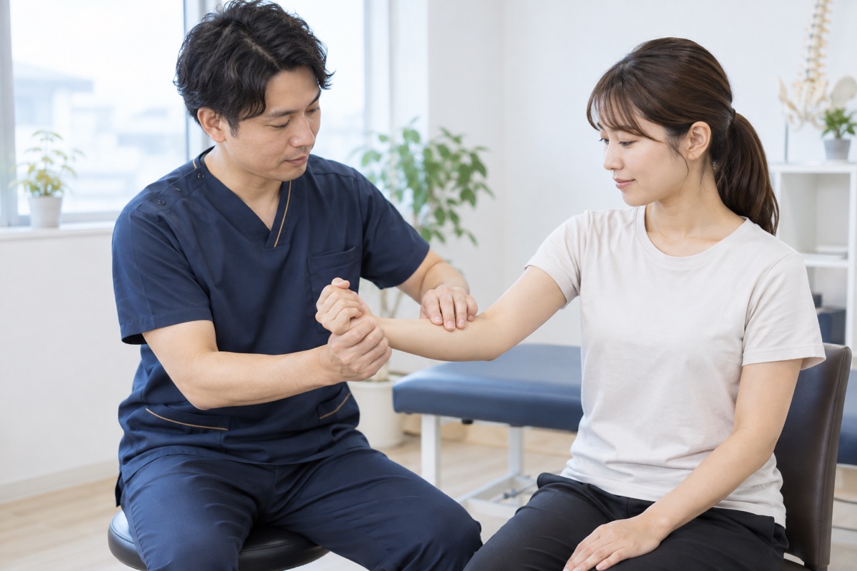 施術者が患者の腕の力の入り具合を確かめている場面（見分けの検査）