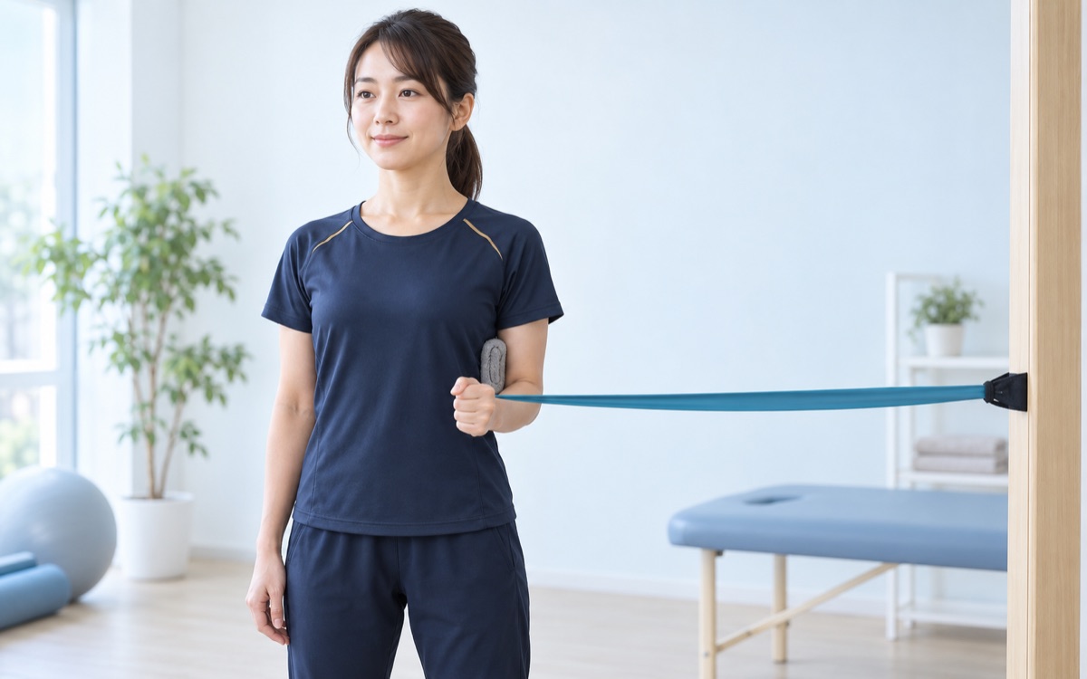 わきにタオルを挟み、ゴムチューブで腕を外にひねる運動