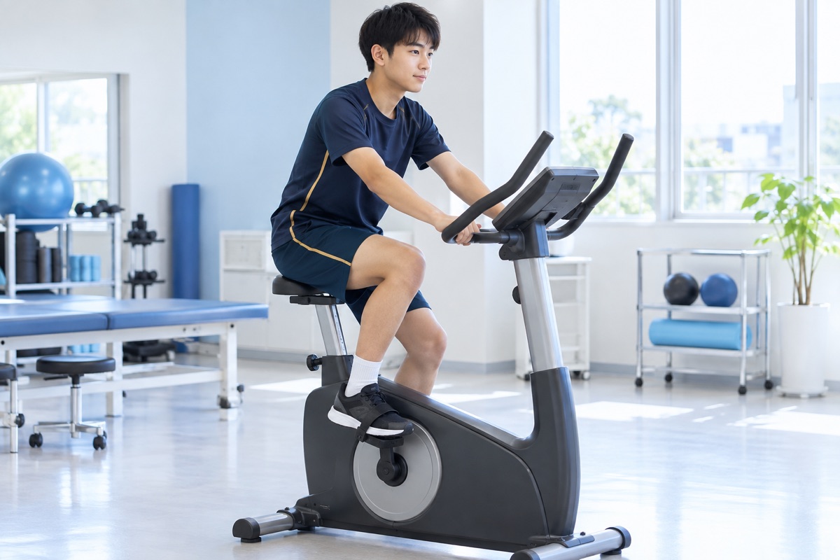 すねへの負担が少ない自転車こぎで体力を保つ高校生