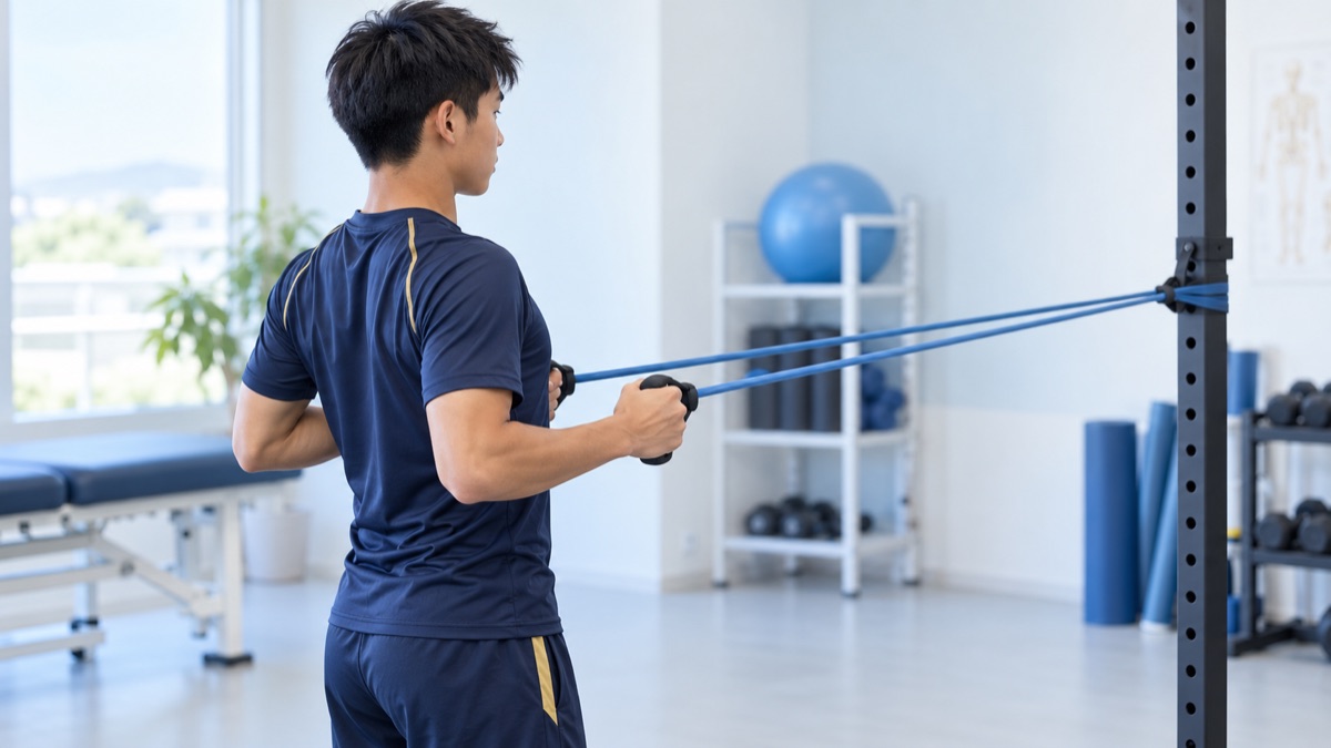 ゴムチューブを引いて肩甲骨まわりを鍛えるトレーニング