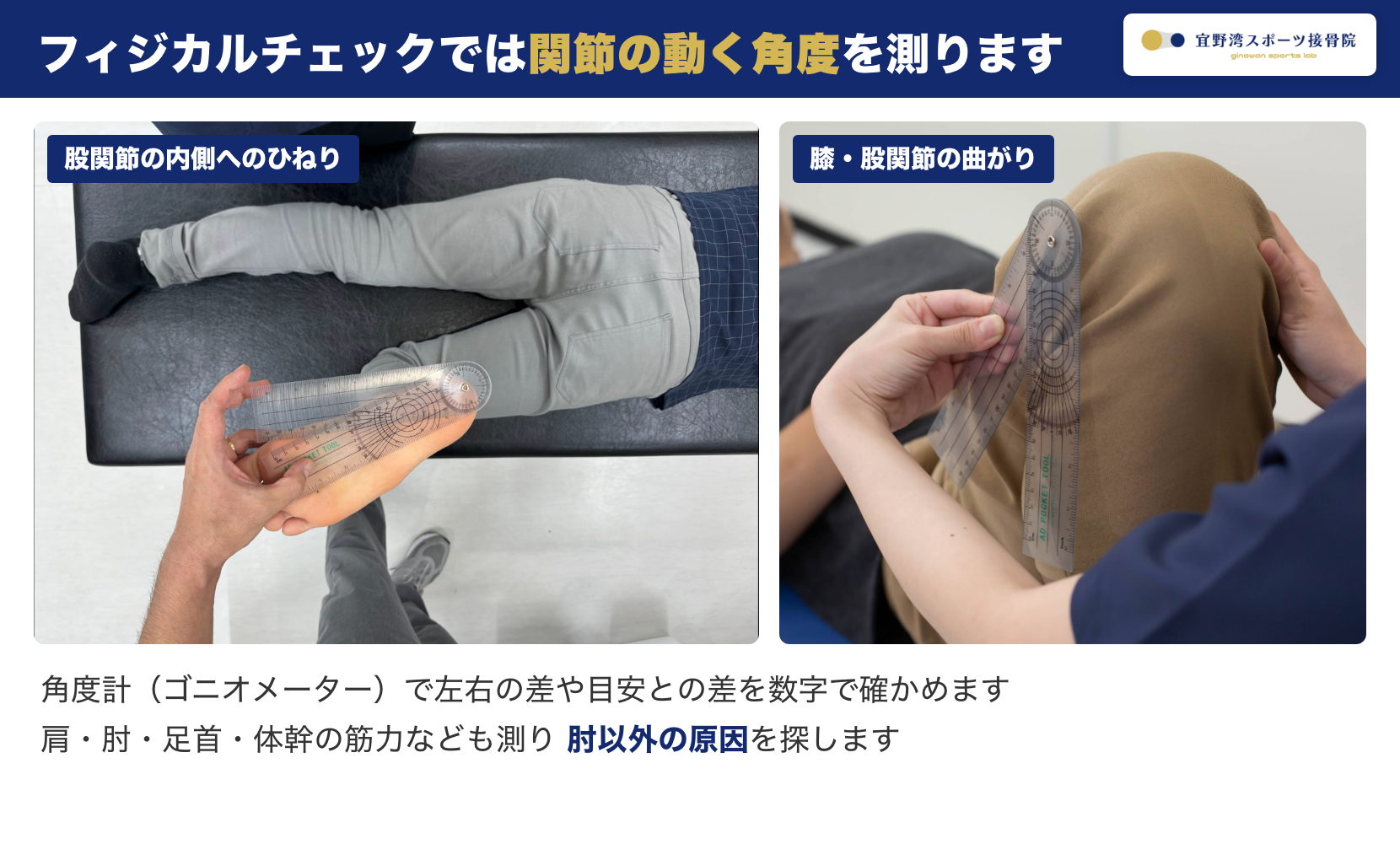 フィジカルチェックで角度計を使い股関節と膝の可動域を測っている様子