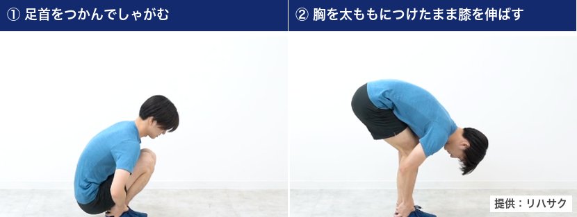 ジャックナイフストレッチ:足首をつかんでしゃがみ、胸を太ももにつけたまま膝を伸ばす