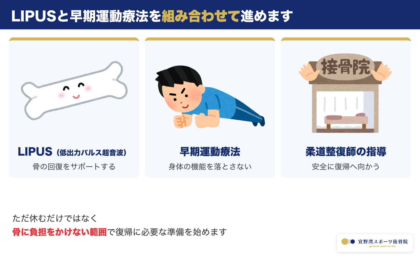 LIPUS・早期運動療法・柔道整復師の指導を組み合わせて進めることを示す図